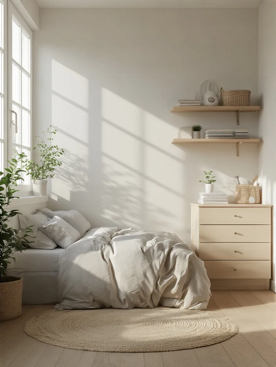 Portrait view of a tidy small bedroom with an uncluttered layout and soft daylight