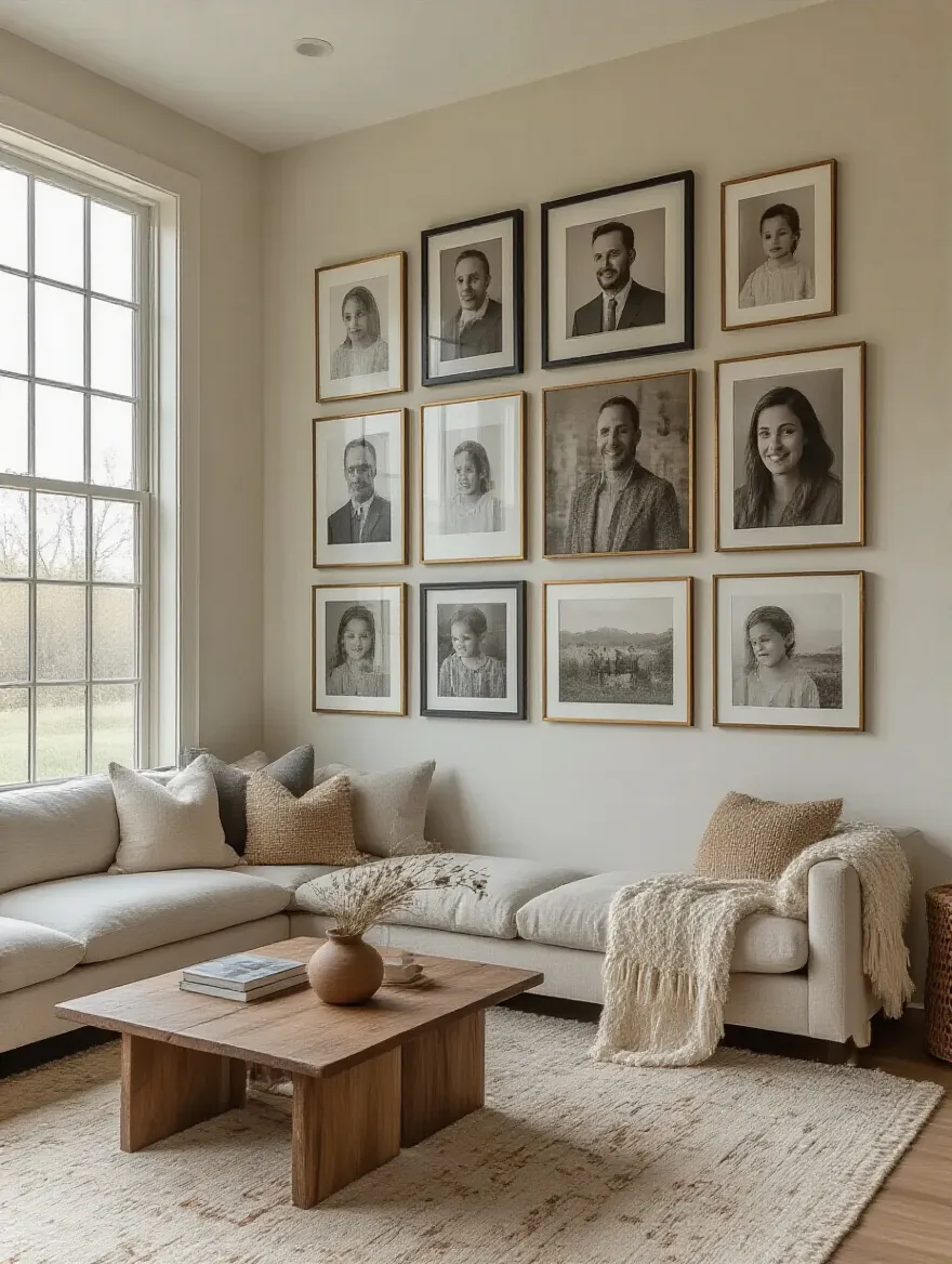 Gallery wall of personalized art and family photos in a cozy living room