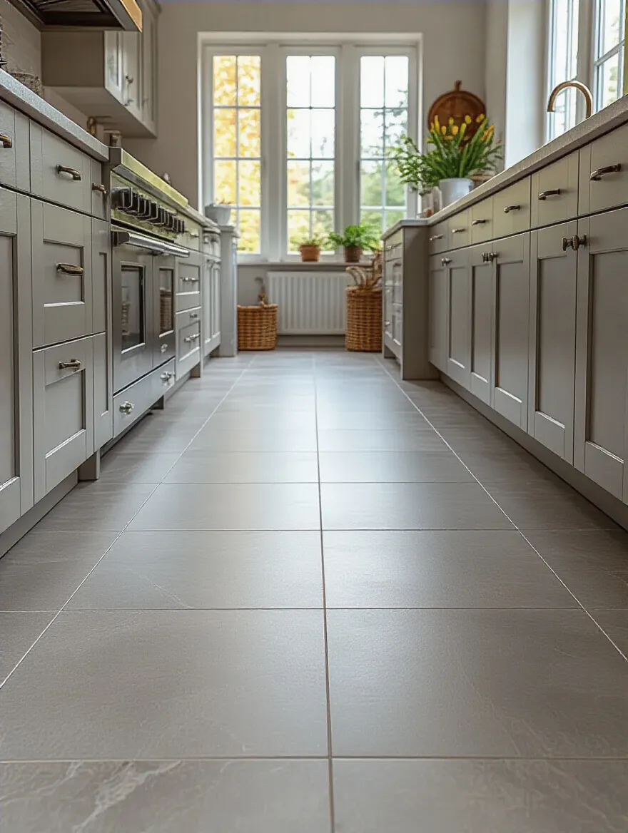 Kitchen floor tiles dry-placed with spacers and chalk lines for optimal visual flow before permanent installation, in a modern setting.