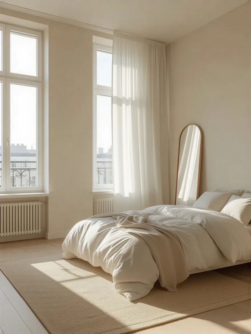 Overhead view of an empty small apartment bedroom with precise layout lines on the floor, symbolizing detailed room measurement and efficient space planning for a small apartment.