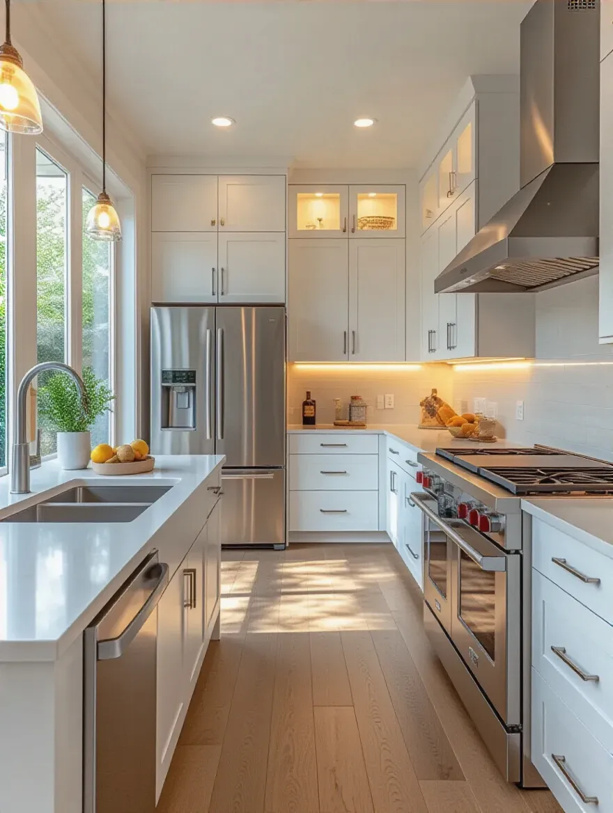 Portrait of a modern kitchen scene with energy-efficient lighting and appliances