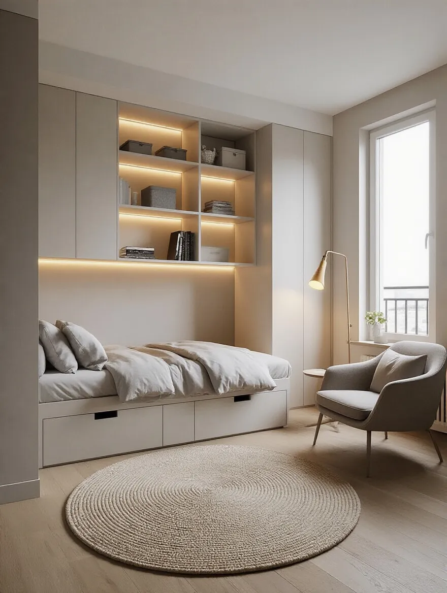 Small apartment bedroom organized into distinct functional zones: a bed with storage, an organized vertical shelf, and a cozy reading nook with an armchair and lamp, maximizing space efficiency and promoting a decluttered look.