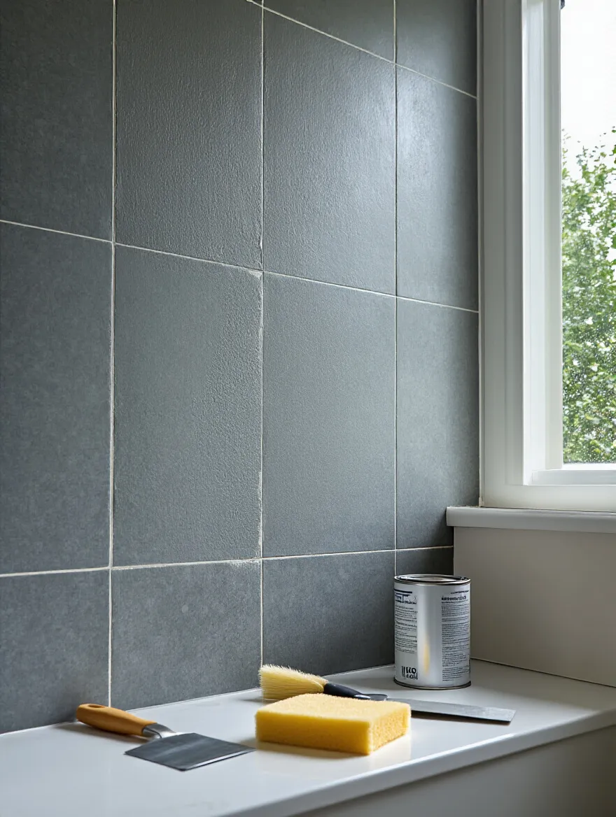 Portrait of a primed bathroom wall ready for wallpaper installation