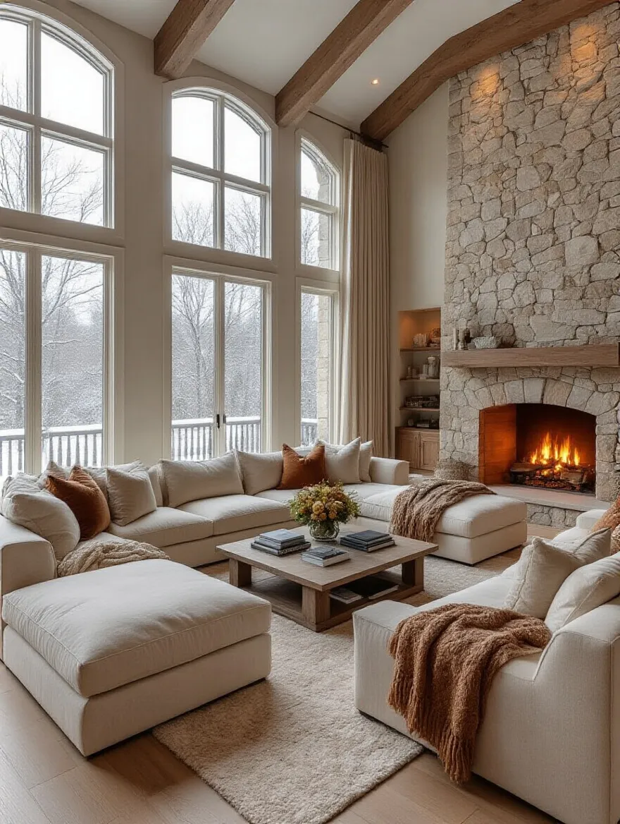 Cozy living room rearranged for winter, with a warm fireplace, plush seating, and rich textiles, showcasing a seasonal living room layout.