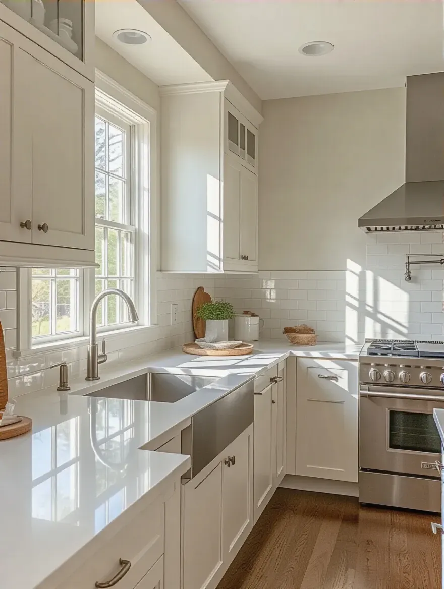 Bright, freshly painted kitchen walls with white cabinets