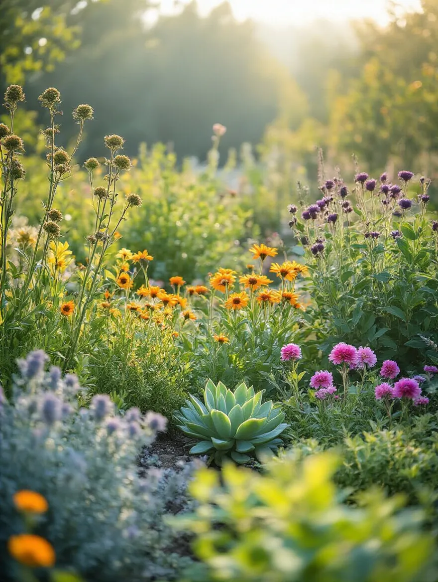 A vibrant, thriving garden bed featuring a variety of healthy, climate-appropriate native plants, showcasing lush foliage and colorful blooms, with an abstract map suggestion in the background under morning light.