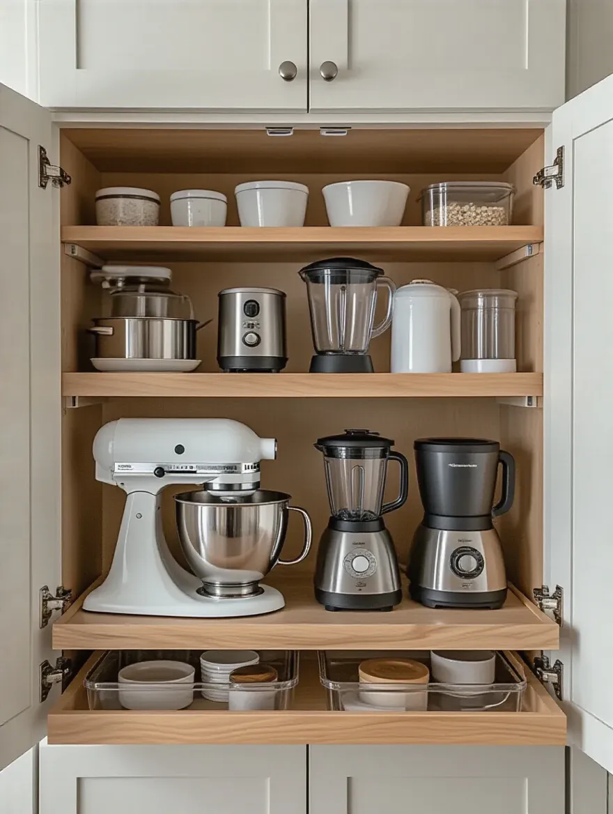 A meticulously organized kitchen pull-out cabinet shelf with a stand mixer, blender, and food processor neatly grouped and contained, demonstrating efficient small appliance storage.