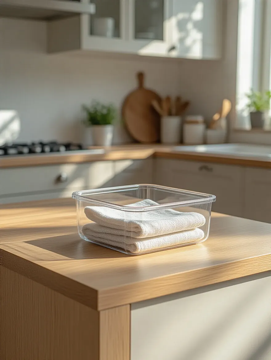 A minimalist kitchen counter with a clear, small bin ready for donation items, symbolizing a quick 15-minute kitchen declutter. A clean organized kitchen with light wood accents.