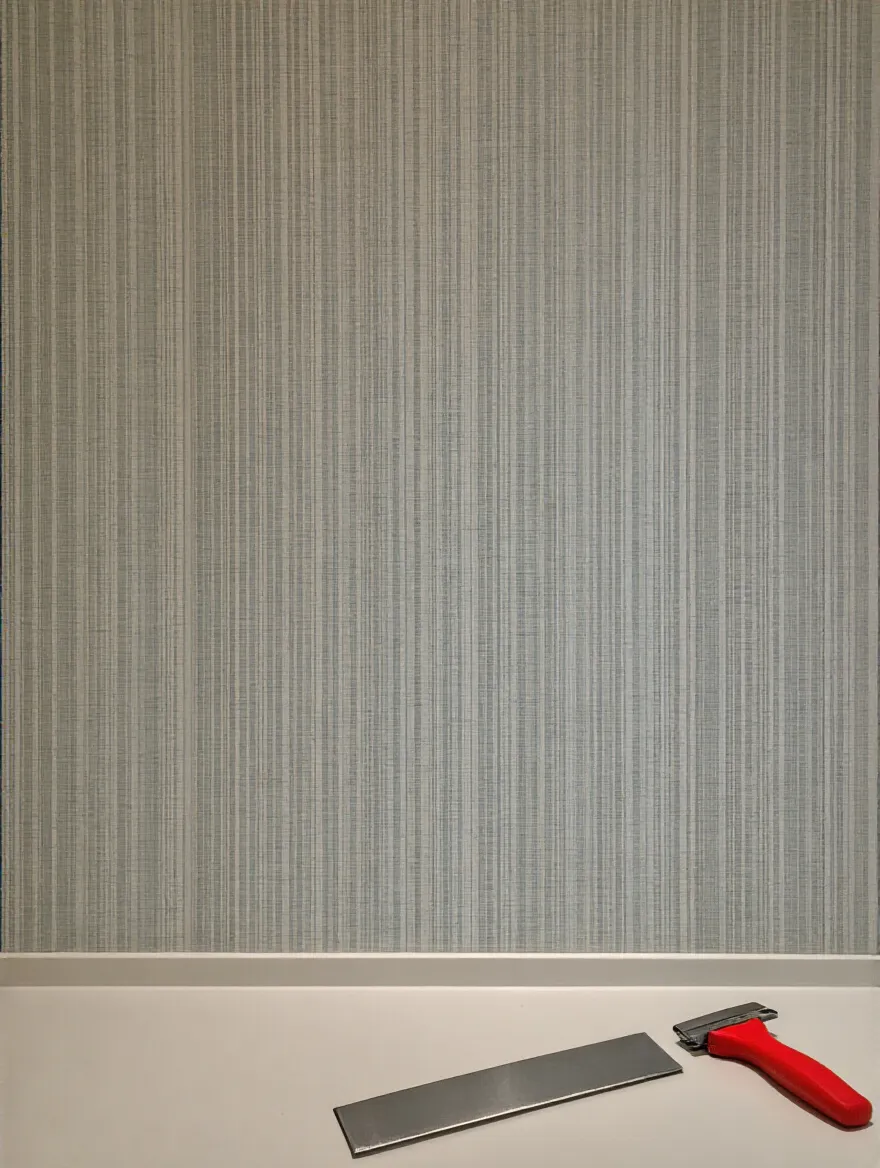 Portrait view of bathroom wallpaper edge trimming with crisp seam