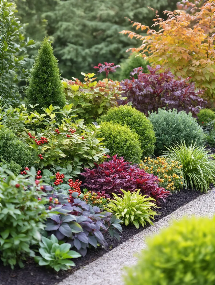 A lush, vibrant garden bed showcasing a diverse range of plant material including evergreens, deciduous shrubs, and textured perennials, designed for continuous year-round visual interest.