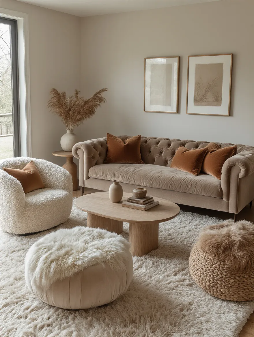 Cozy living room portrait with balanced furniture and plush textures