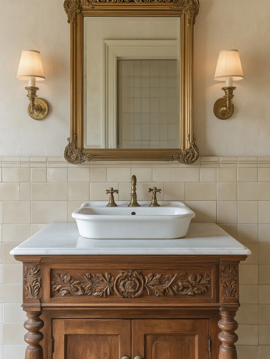 Portrait view of a historically accurate vanity or console sink in a vintage bathroom