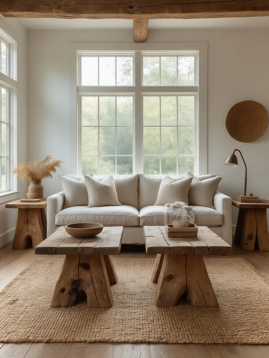 Portrait of rough-hewn rustic coffee and end tables in a cozy living room