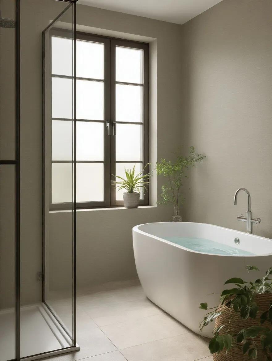 Portrait of bathroom wall with moisture-resistant wallpaper in neutral tones