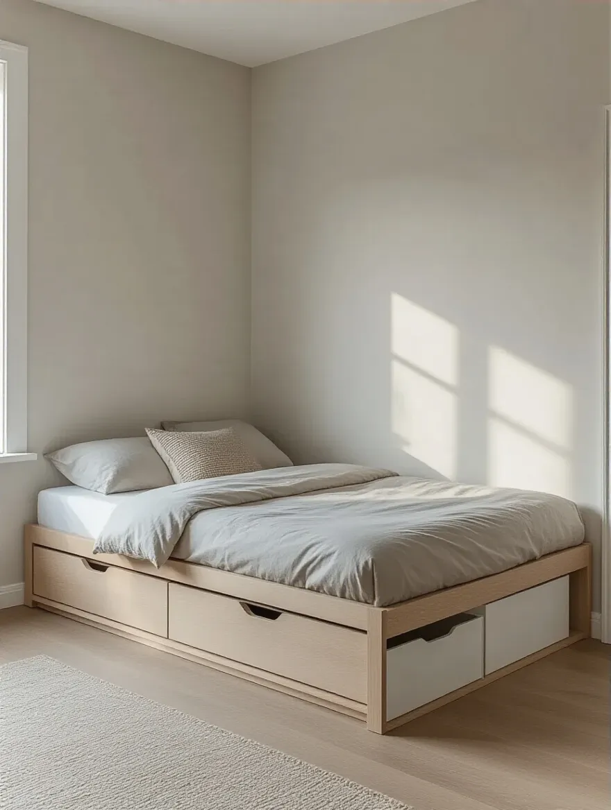 A modern, low-profile platform bed frame with integrated storage drawers in a minimalist small apartment bedroom, maximizing floor space and enhancing visual openness. The bed has clean lines, a light grey duvet, and a single small plant on a wall-mounted shelf, all professionally lit with soft natural light.