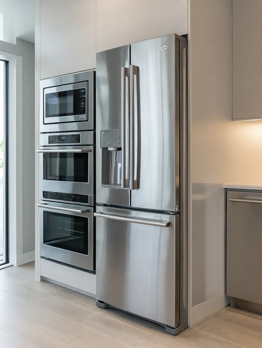 Portrait of a showroom lineup of outlet appliances in a modern kitchen setting