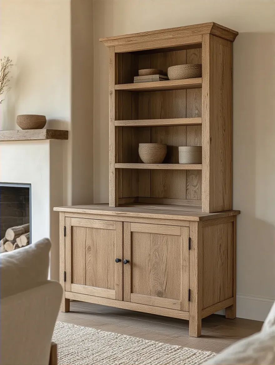 Portrait view of a rustic living room featuring a handcrafted wooden cabinet with open shelves and closed cabinets, warm lighting