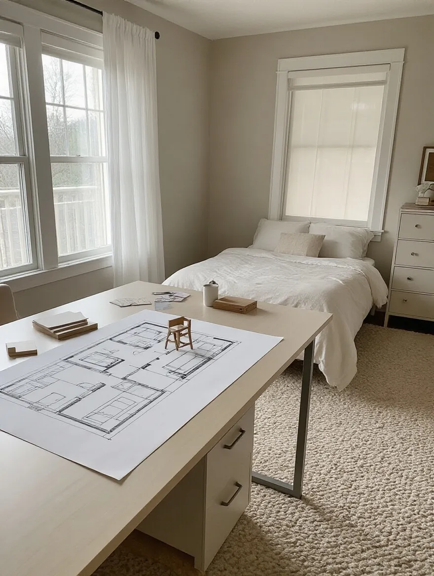 Portrait view: desk with a scaled floor plan on graph paper in a small bedroom planning setup