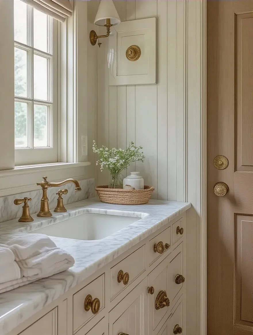 Vintage bathroom hardware details: knobs, pulls, hinges with patina