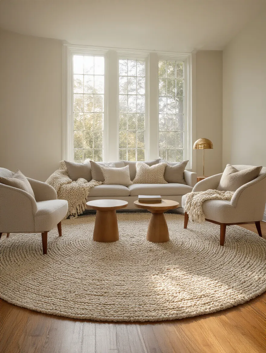 Portrait view of a living room with rug-defined zones and soft underfoot texture