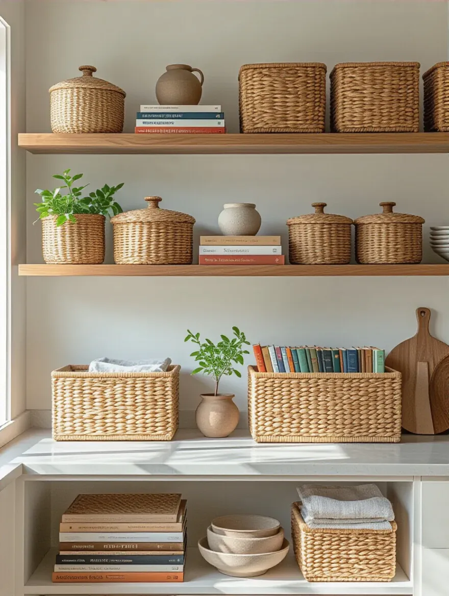 Styled kitchen open shelving with decorative woven storage baskets and neatly arranged cookbooks, enhancing kitchen organization and aesthetics.