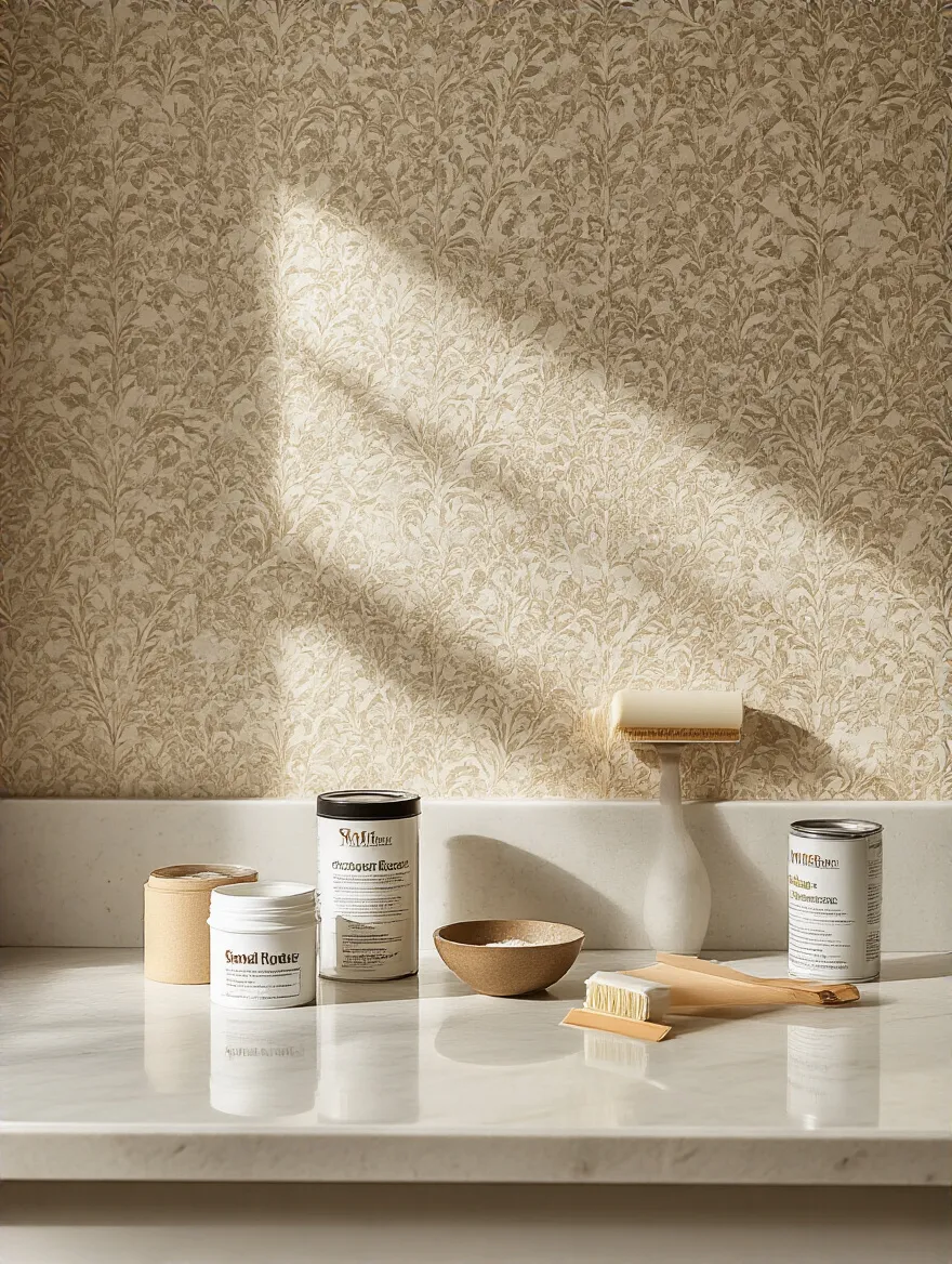 Portrait view of a modern bathroom wallpaper setup with adhesives and tools on a vanity