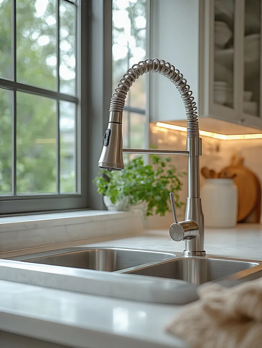 Modern kitchen faucet upgrade with pull-down sprayer in a clean sink area