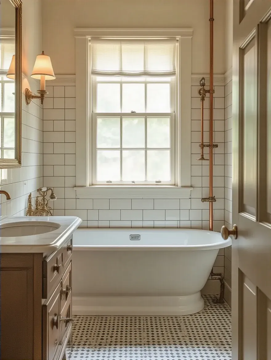 Vintage bathroom with modern plumbing and electrical safety upgrades visible