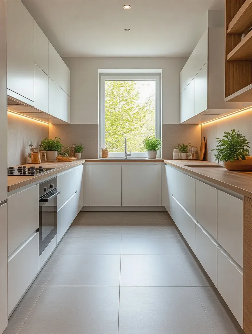A small, modern kitchen with light grey large format floor tiles that make the room feel much more expansive and luxurious. White cabinets and subtle wood accents.