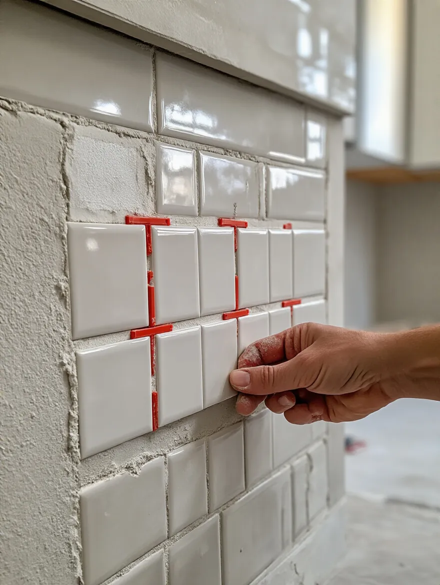 Close-up of kitchen wall tiles being installed with red tile spacers ensuring perfectly even gaps and straight grout lines, showing precision tiling.