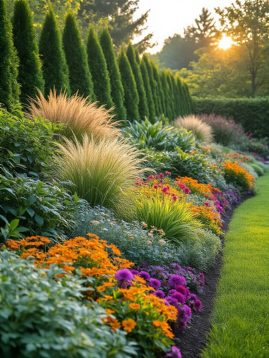 A professionally landscaped garden showcasing vibrant layered planting with tall shrubs in the back, medium perennials and grasses in the middle, and low groundcovers in the front, creating significant visual depth.