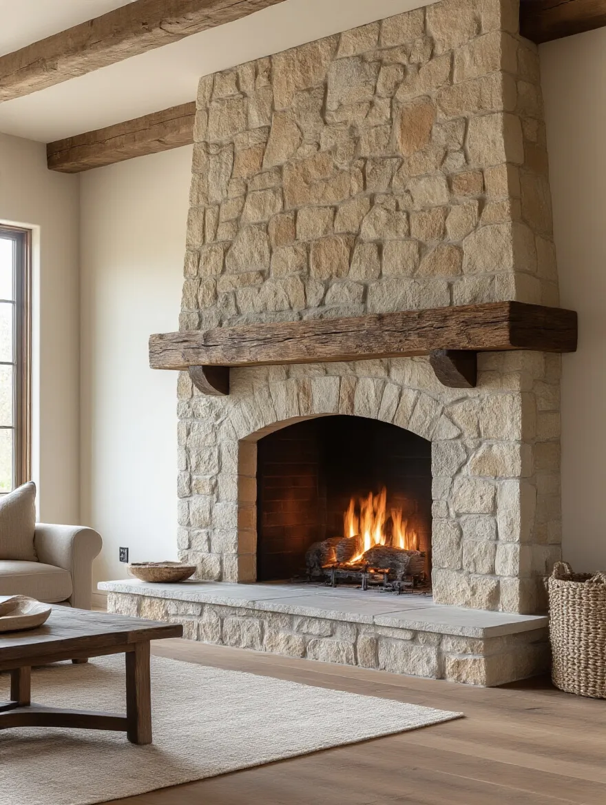 Portrait view of a rustic living room with a natural stone or reclaimed brick fireplace surround and a heavy timber mantel