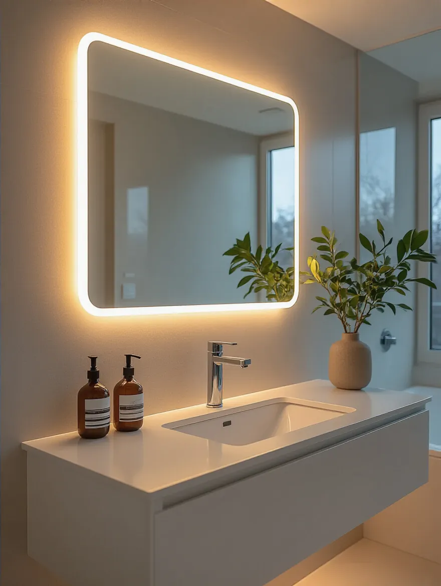 Modern bathroom vanity featuring sleek smart lighting systems and an LED-backlit mirror, showcasing programmable warm white illumination for convenience.