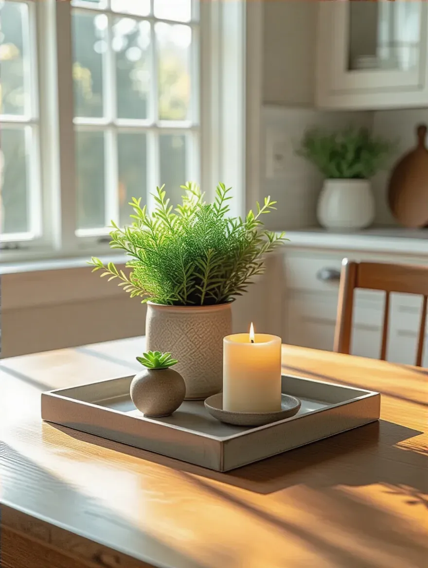 Cohesive tray styling centerpiece on a kitchen table