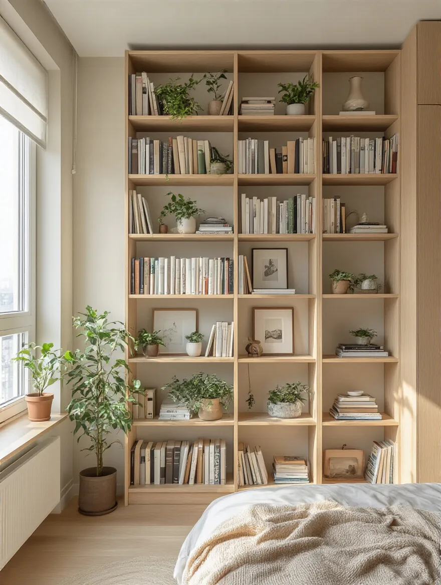 Apartment bedroom featuring a tall, floor-to-ceiling wooden bookshelf filled with books, small plants, and art, showcasing efficient vertical storage.