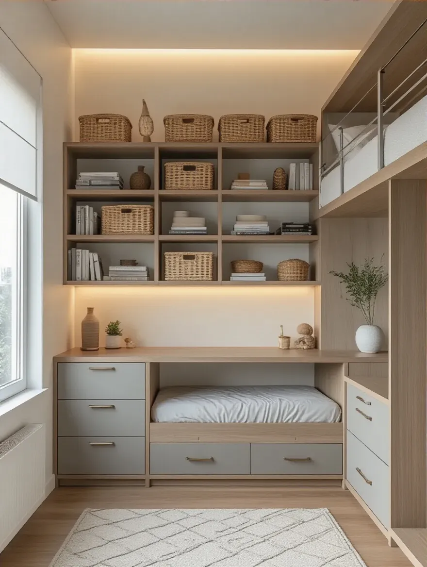 Portrait view of a compact bedroom with vertical storage: tall dresser, wall-mounted shelves, and a loft with integrated storage.