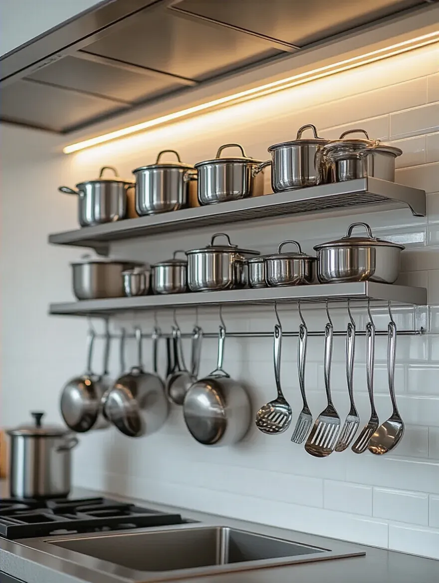 A neat, modern kitchen featuring a wall-mounted rack displaying various stainless steel pots, copper pans, glass lids, and cooking utensils organized perfectly.