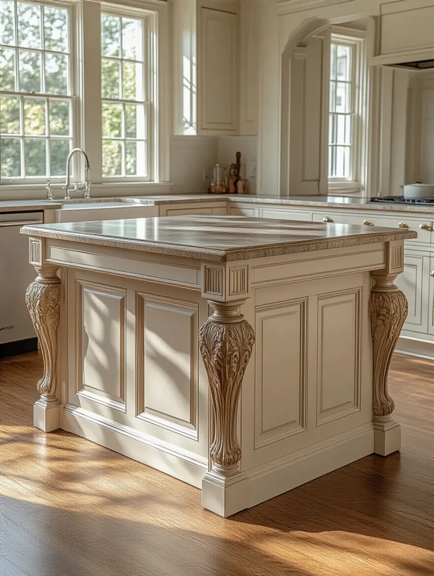 A stately kitchen island in a traditional kitchen, featuring ornate Queen Anne style decorative legs and classic wainscoting paneling on its sides, elevating its appearance to a custom furniture piece.