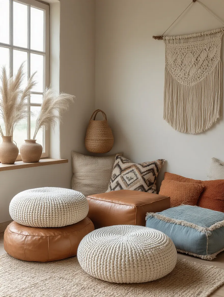 A cozy bohemian bedroom corner featuring a diverse arrangement of textured poufs and patterned floor cushions in earthy tones, creating versatile and comfortable seating.