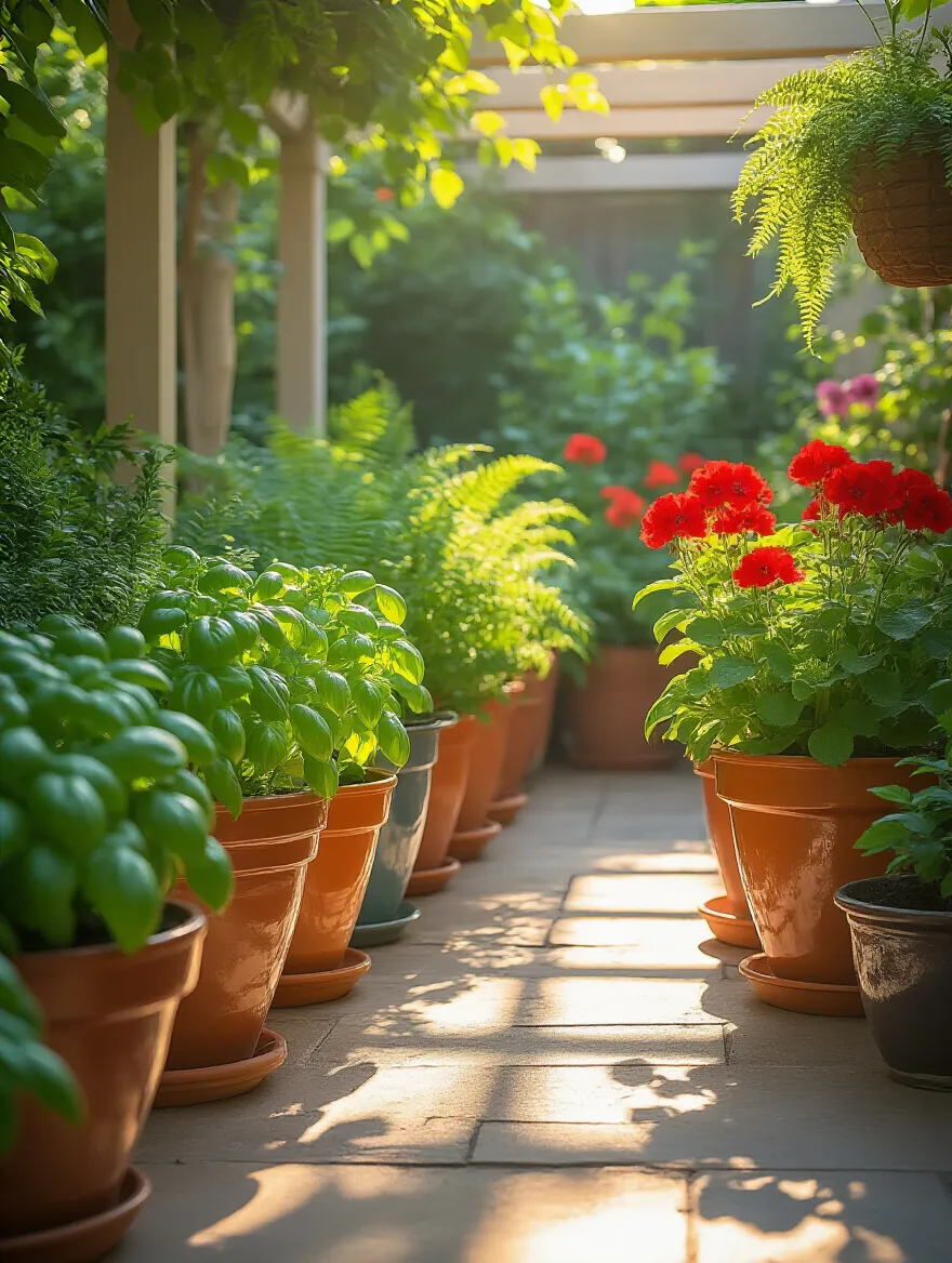 A vibrant container garden displaying clearly defined areas of direct sunlight and dappled shade, with healthy plants thriving in their optimal light conditions.