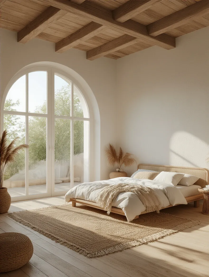 A beautifully organized boho bedroom with clear pathways and thoughtful furniture placement, demonstrating optimal space assessment for harmonious flow.