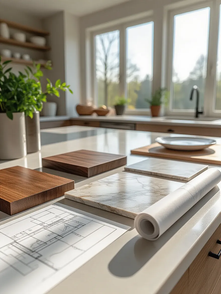 High-quality kitchen material samples laid out for strategic budget planning during a kitchen remodel, illustrating detailed financial foresight