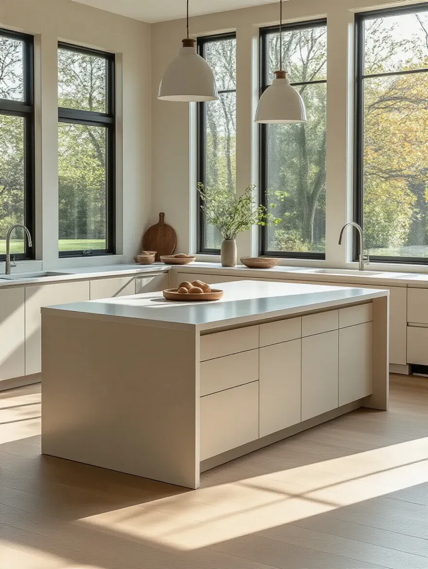 A spacious, modern kitchen with a perfectly sized island, illustrating ample walkways and comfortable access to counters, designed for efficient kitchen flow.