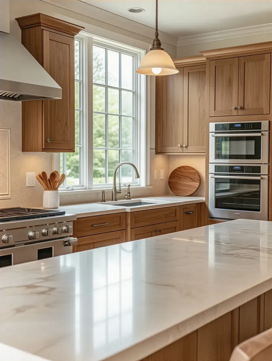 Elegant kitchen with natural stone countertops and warm wood cabinets, showcasing high-quality materials and thoughtful design that contribute to return on investment in renovation.