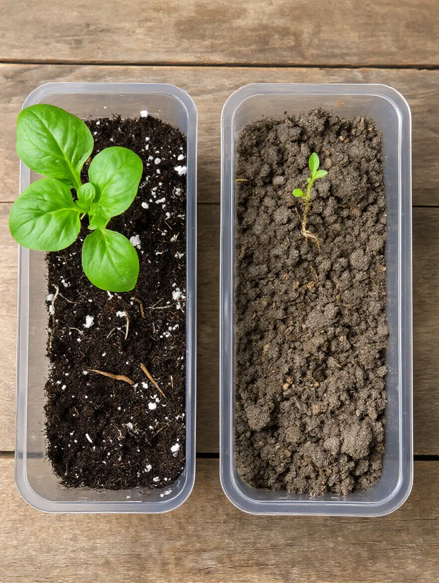 Comparison image showing lush roots in premium potting mix versus struggling roots in dense garden soil inside transparent containers, on a workbench.