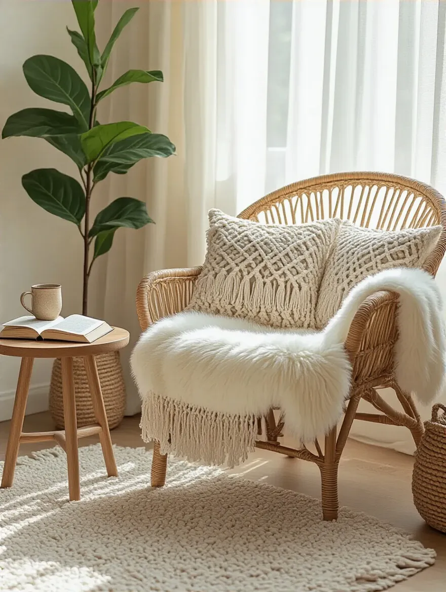 Cozy bohemian bedroom reading nook with a natural rattan armchair, plush faux sheepskin throw, macrame pillows, side table with book, and a leafy plant in natural sunlight.