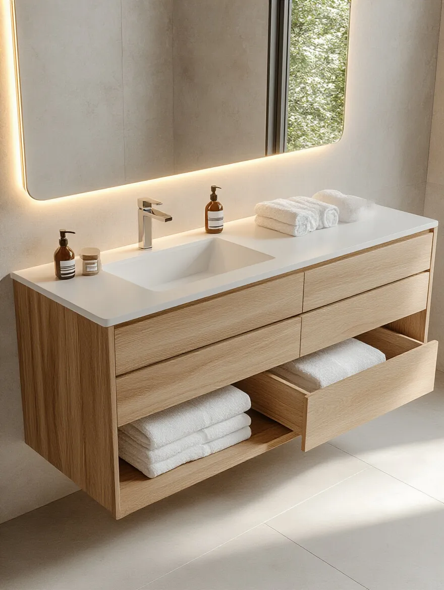 Modern wall-mounted bathroom vanity with smart storage, natural wood finish, and white quartz countertop, showing folded towels on an open shelf