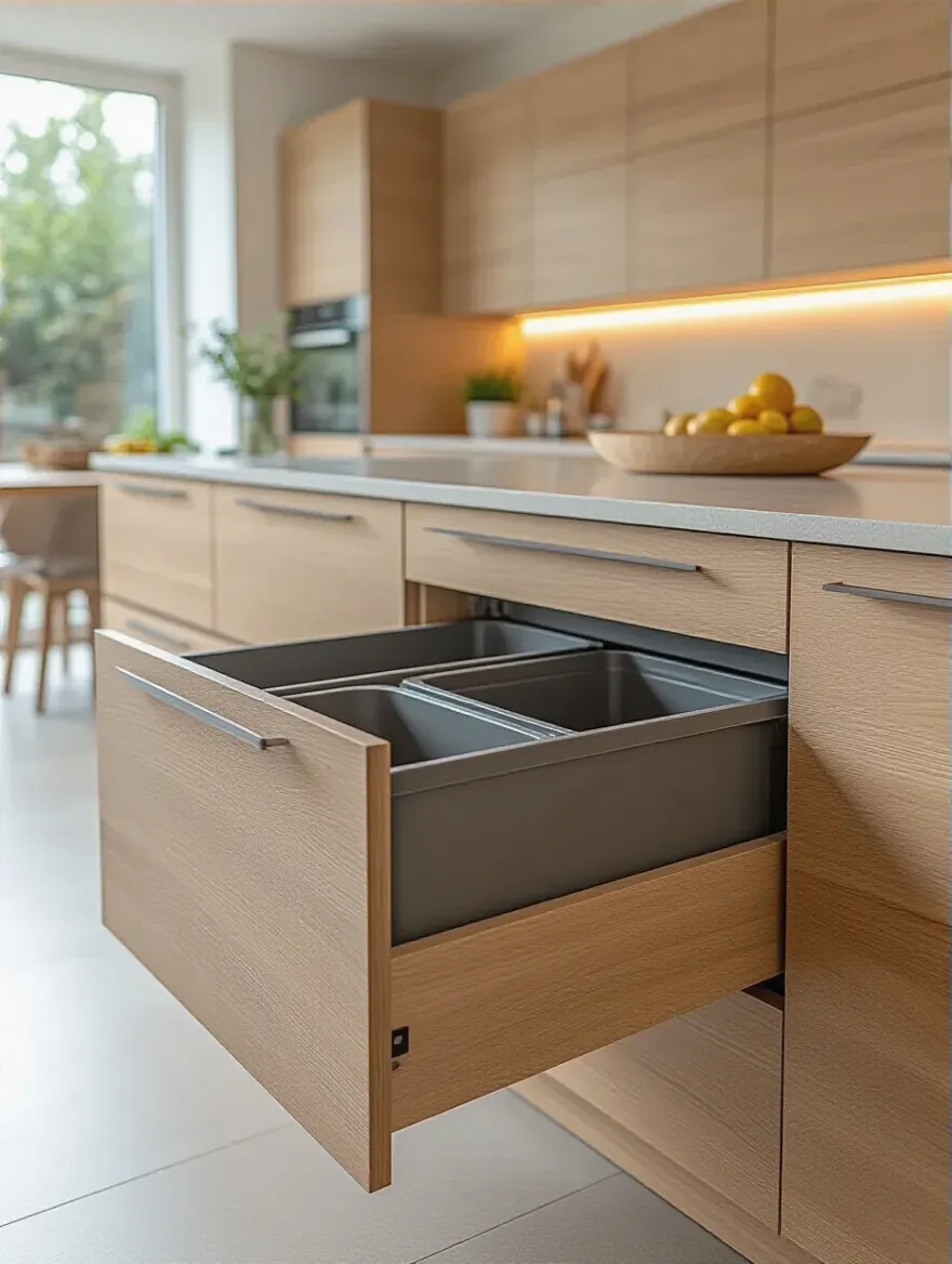A modern kitchen island with integrated pull-out cabinets subtly hiding waste and recycling bins, promoting a clean, minimalist kitchen design.