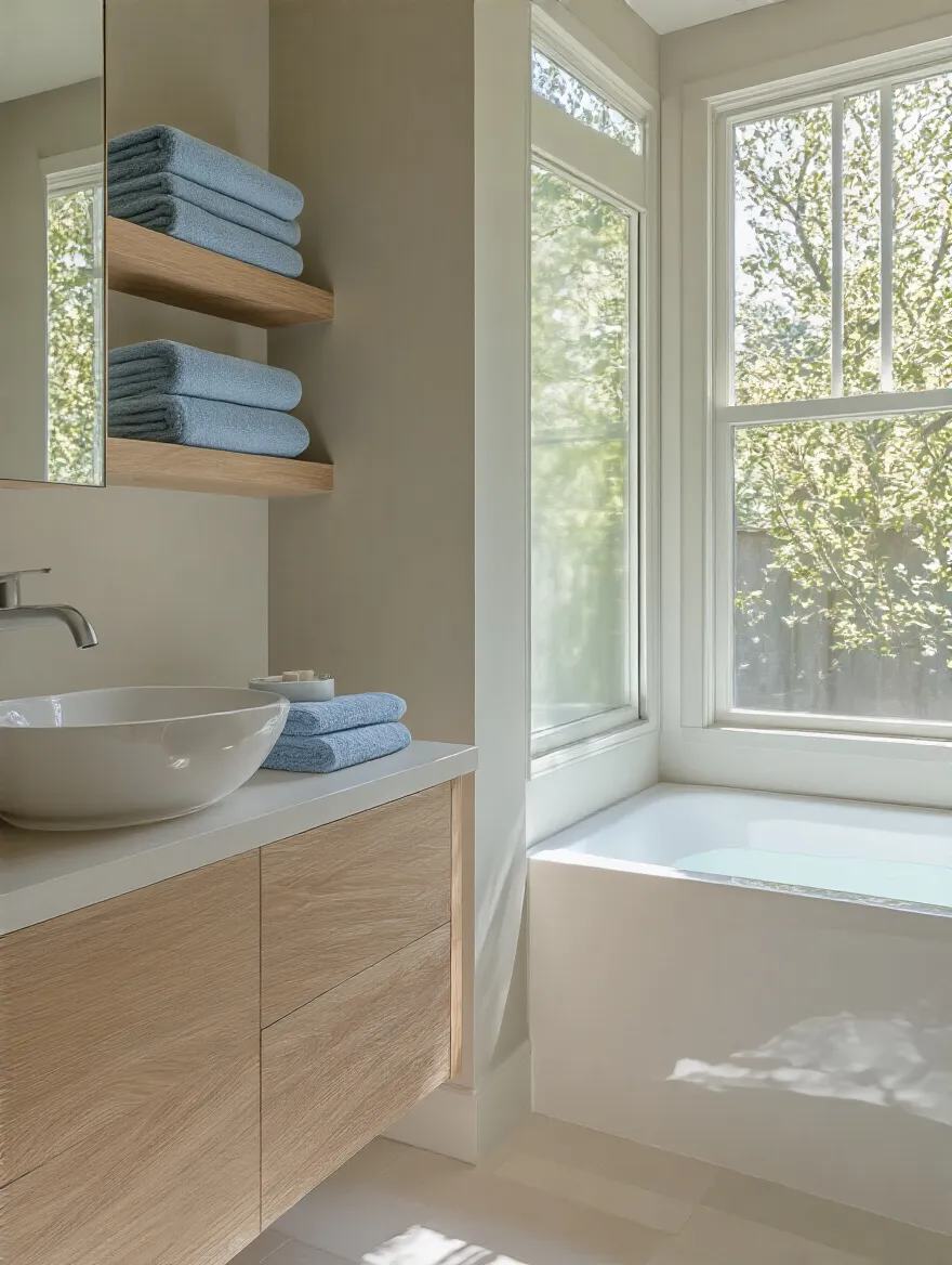 A modern, minimalist bathroom showing clear pathways and strategic fixture placement for optimal flow. Light streams in from a large window, highlighting the organized layout, designed for a functional space assessment. The overall impression is calm efficiency and intelligent design without specific measuring tools.