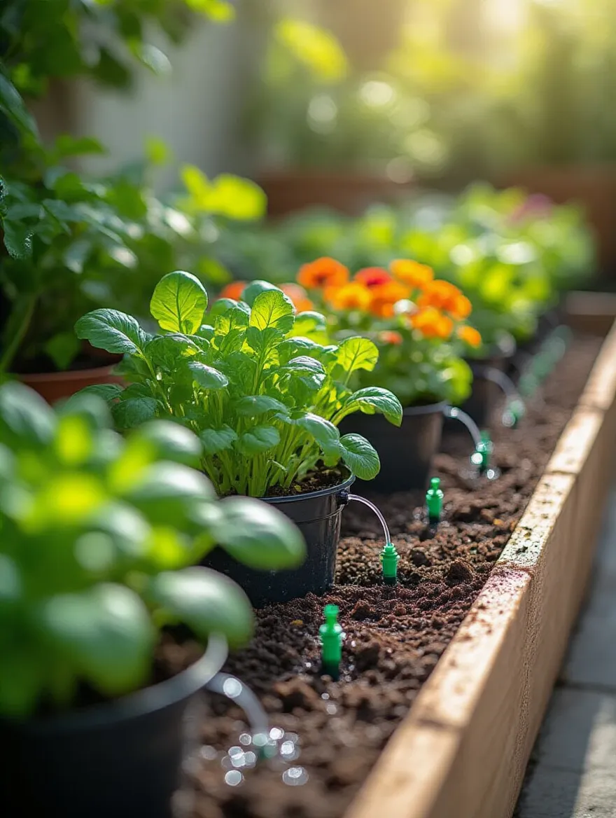Close-up of a perfectly installed drip irrigation system in a vibrant container garden, showing small black lines and emitters delivering water directly to the base of healthy green plants in terracotta pots on a sunny patio, ensuring efficient and consistent watering.